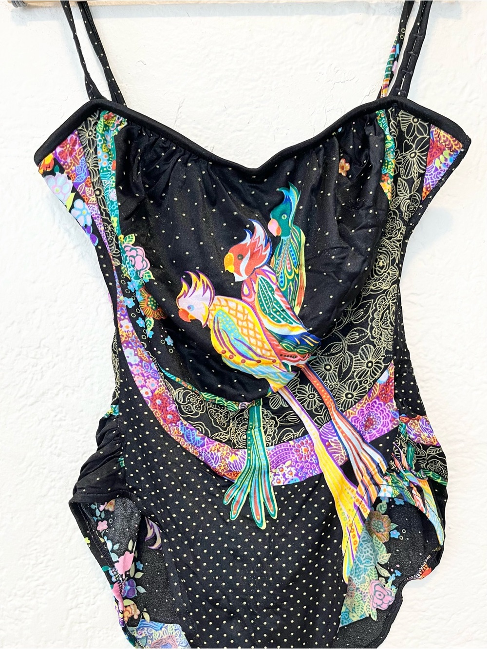 Vintage One Piece Swimsuit Black Dot Floral Parrots Birds 12 Boho Tropical